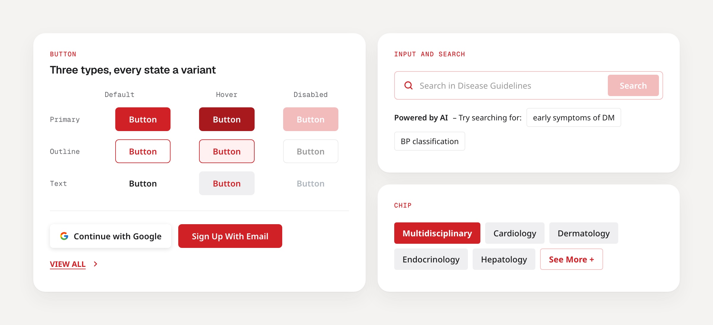 Component board: primary, outline and text buttons in default, hover and disabled states, sign-up buttons, a view all link, the search field with its AI suggestions, and specialty chips