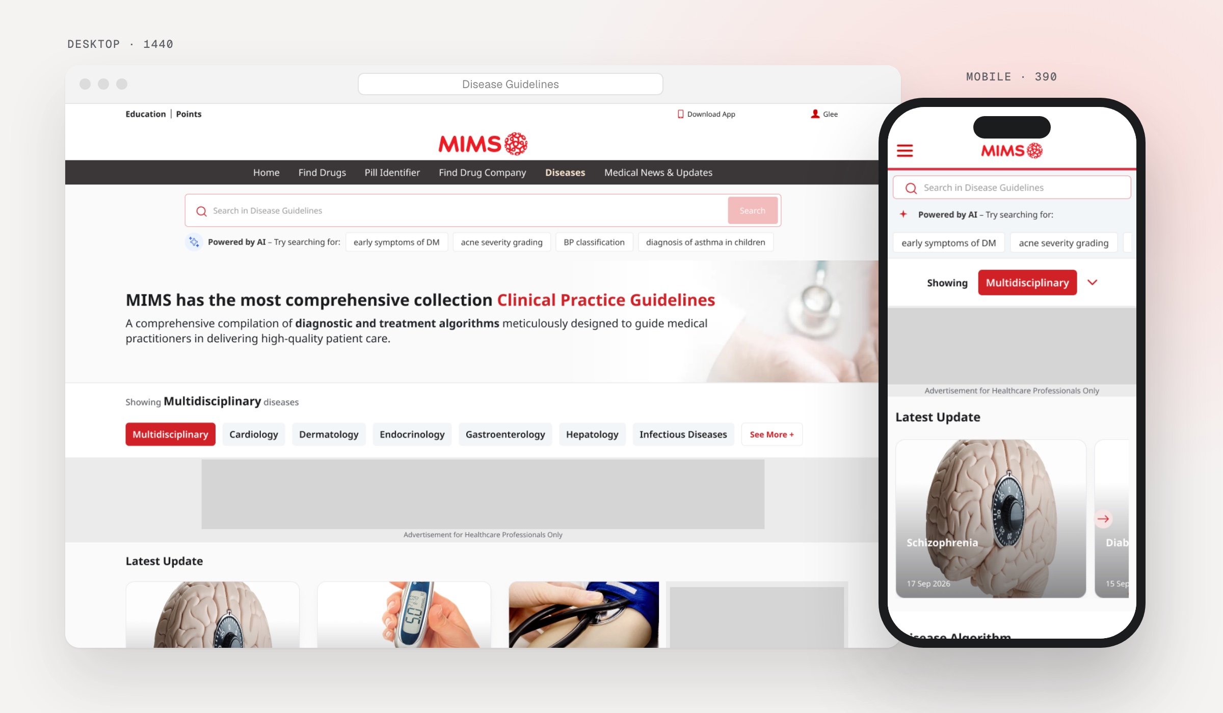 The disease guidelines landing template shown in a desktop browser at 1440 and on a phone at 390, both built from library components
