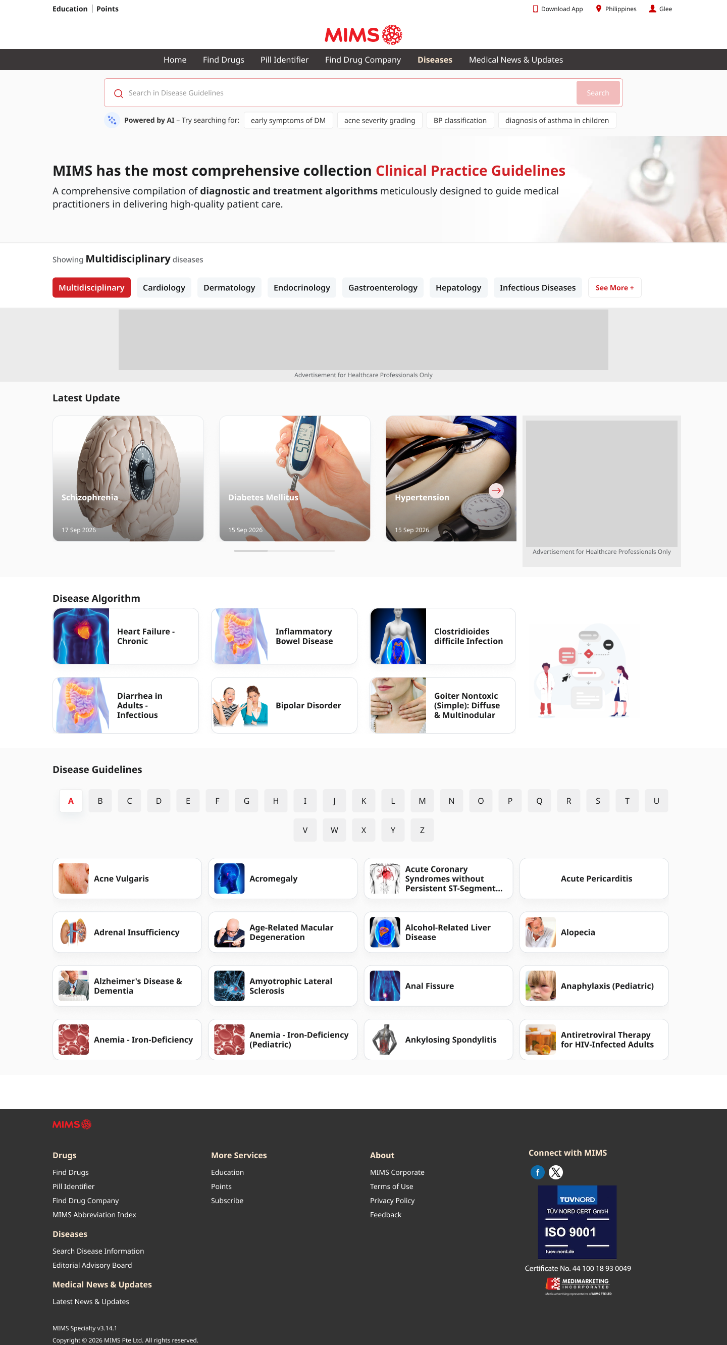 Disease guidelines landing page at desktop width, built from library components: header, search, hero, filter chips, article cards, algorithm cards, A to Z index and footer