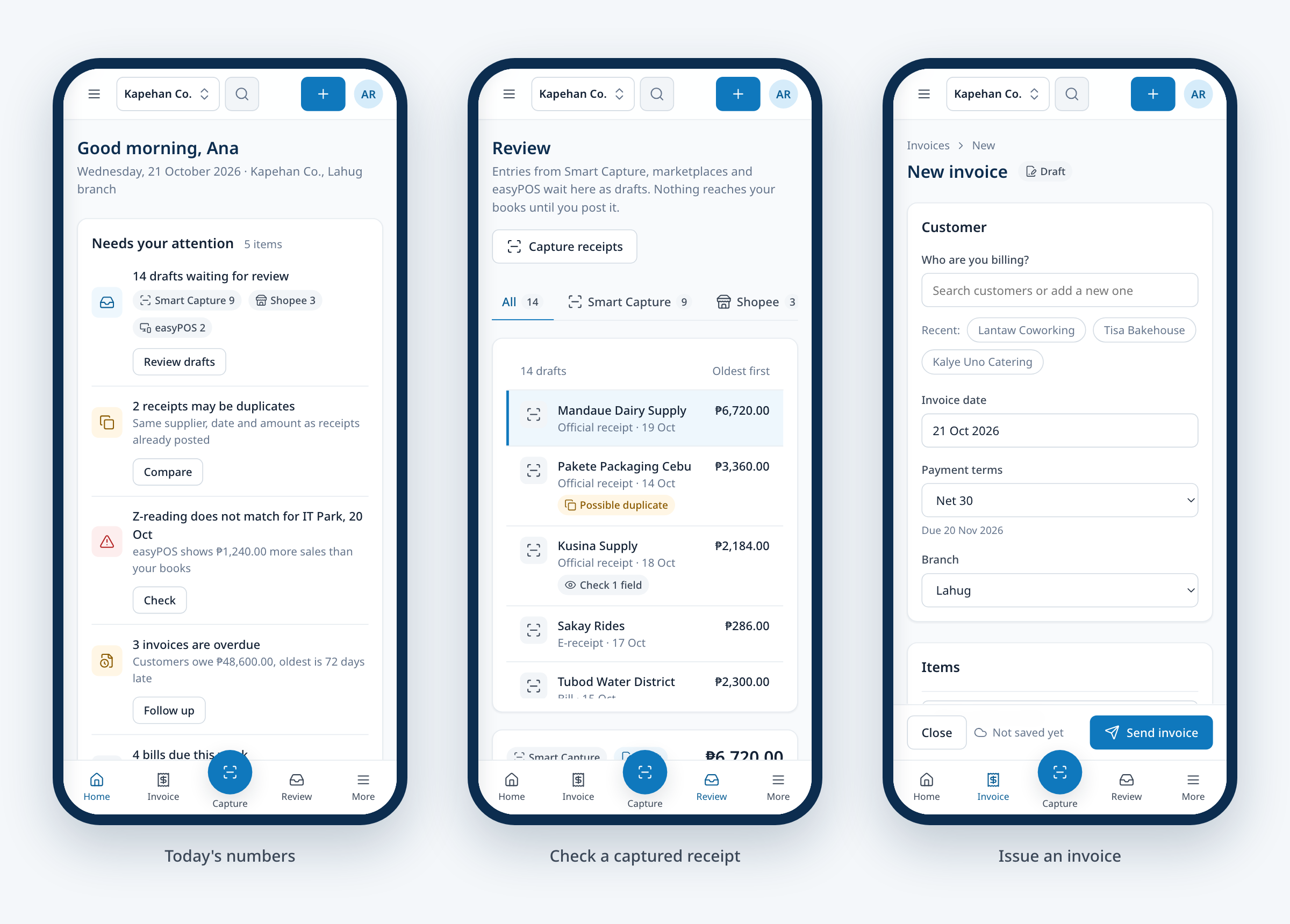 Three phone screens: Home with the attention list, the Review queue, and the new invoice form, each with a bottom bar of Home, Invoice, Capture, Review and More