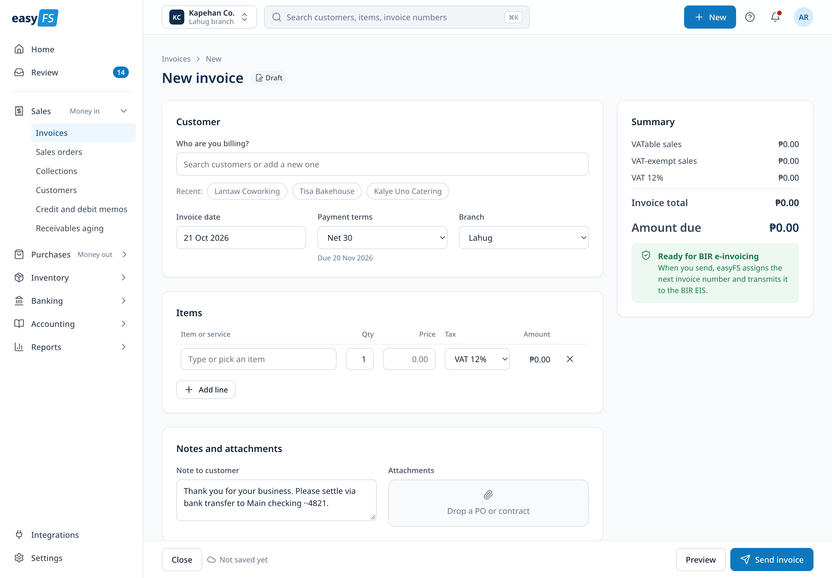New invoice form: customer search with recent customers, invoice date, payment terms, branch, an items table, notes and attachments, and a summary of VATable sales, VAT, invoice total and amount due