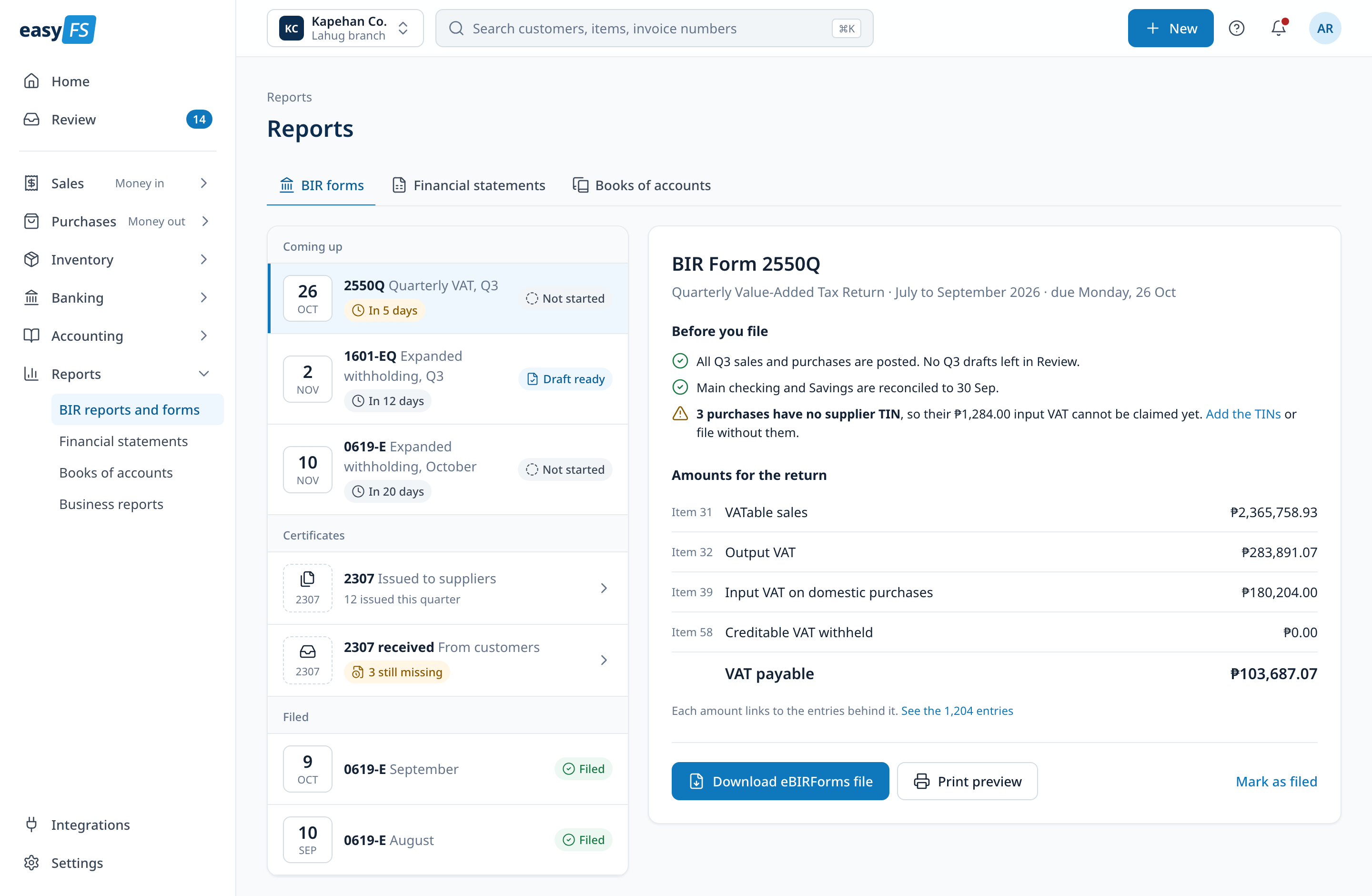 BIR forms: upcoming and filed forms on the left, and BIR Form 2550Q on the right with a before you file checklist and the amounts for the return by item number