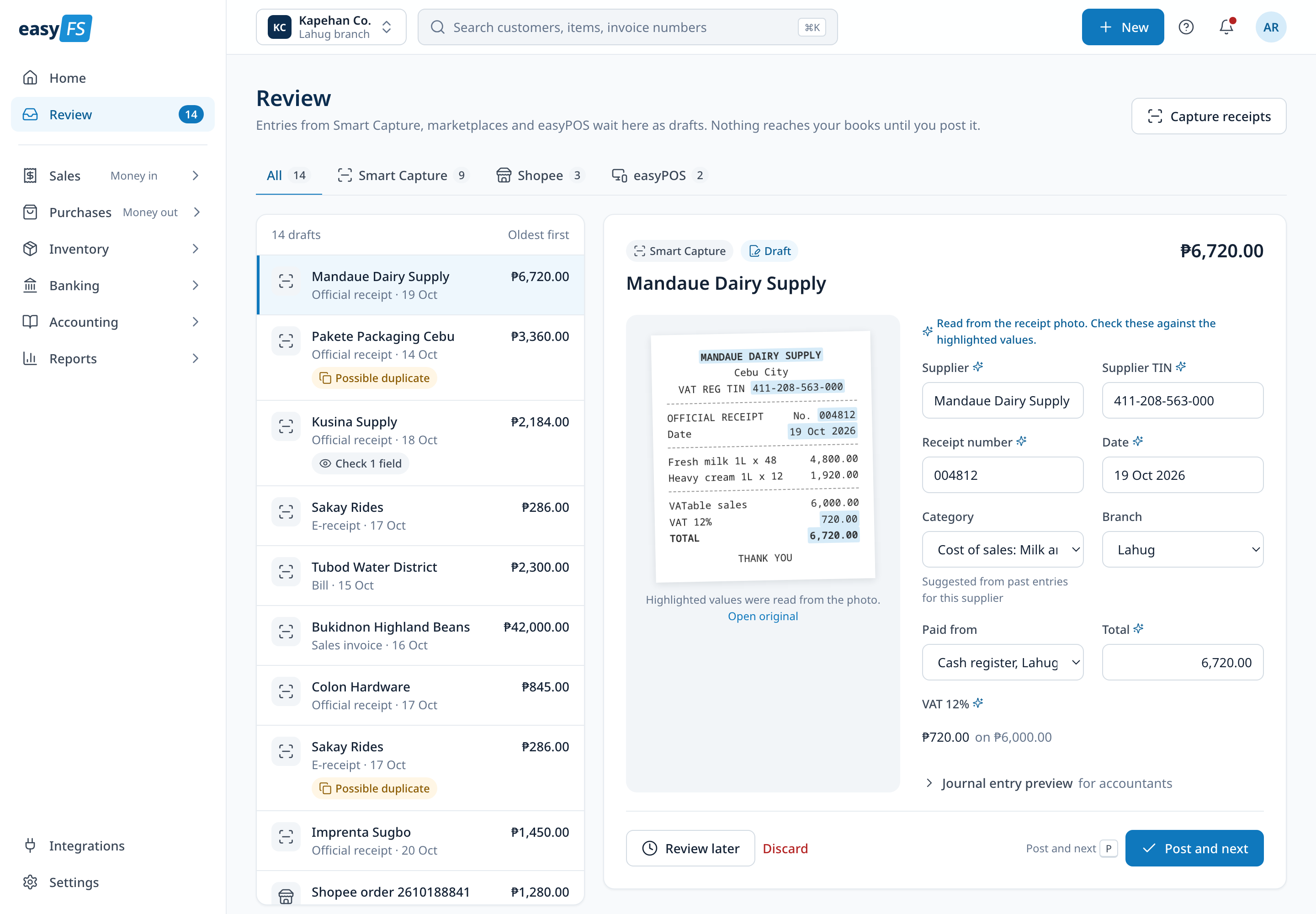 The Review queue: a list of drafts on the left, and on the right a receipt photo beside its supplier, TIN, receipt number, date, category and total fields, with Review later, Discard and Post and next buttons