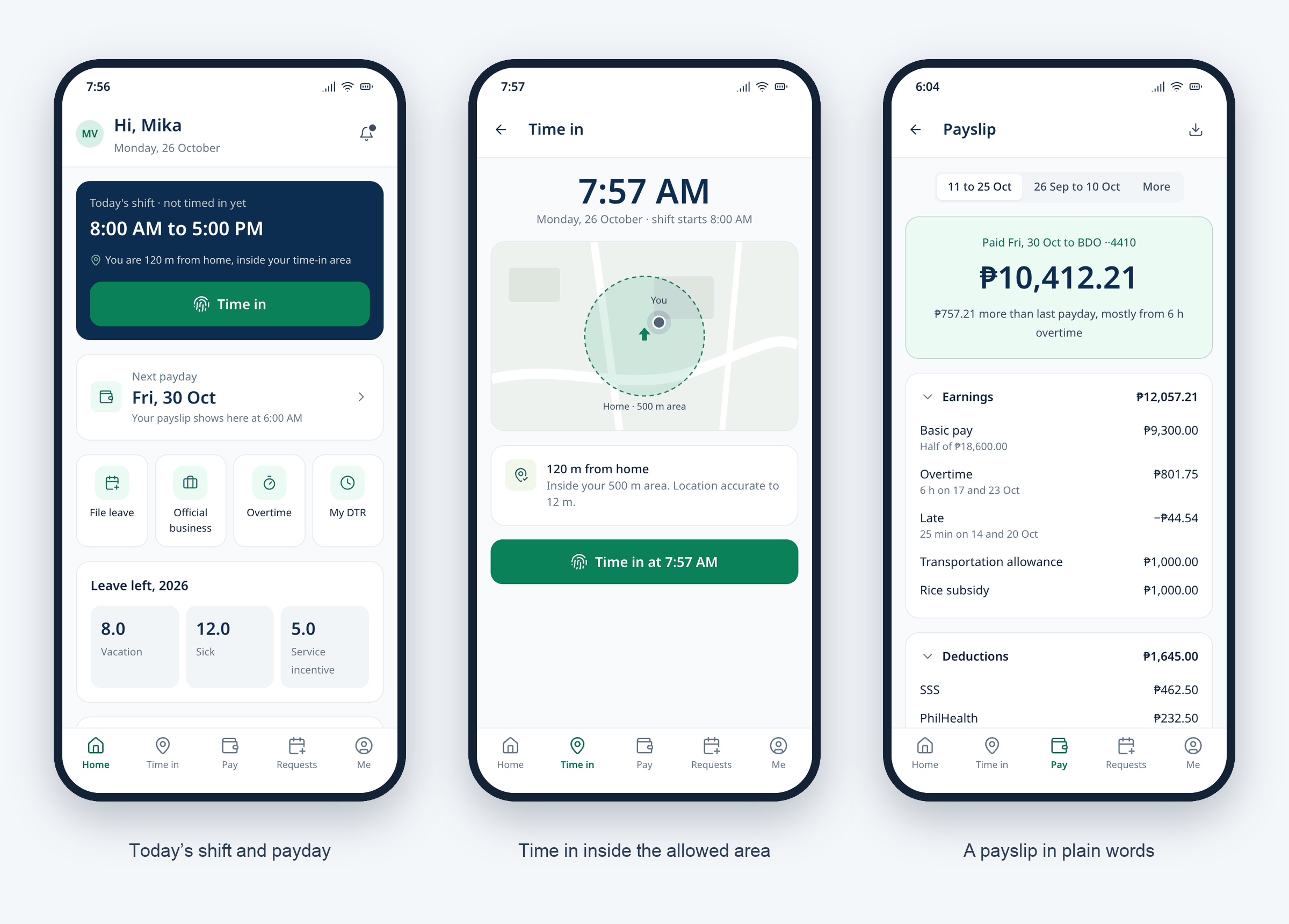 Three phone screens: Home with today’s shift, a Time in button, next payday and leave left; Time in with a map showing the 500 m area around home; and a payslip with net pay of ₱10,412.21 and the earnings and deductions