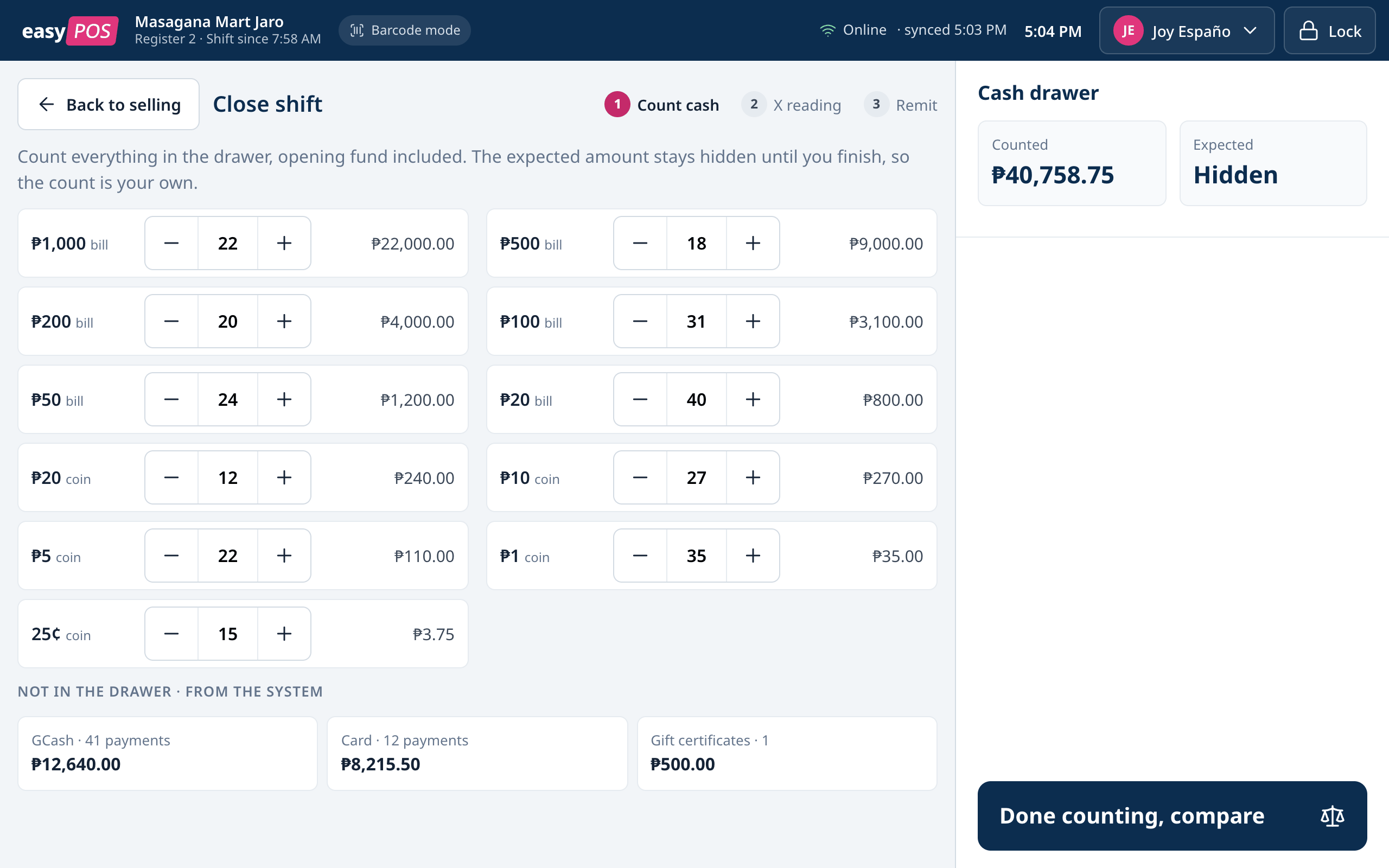 Close shift on the register: steppers for each bill and coin with a running total of ₱40,758.75, the expected amount hidden, non-cash payments listed below, and a Done counting, compare button