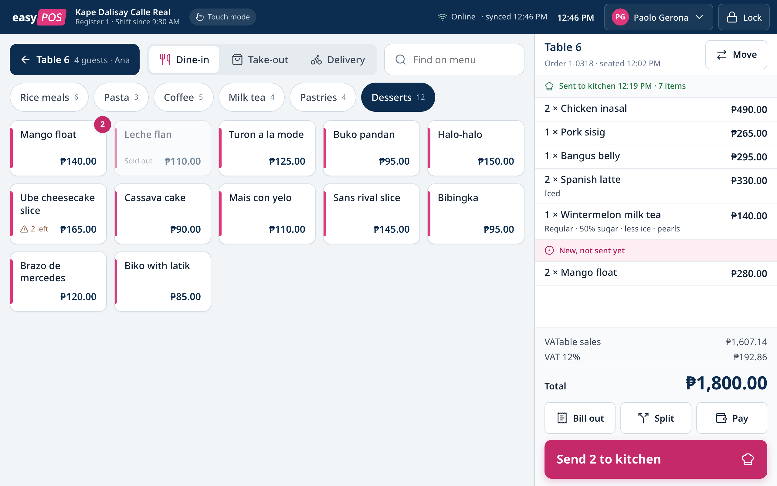 The menu for table 6: dine-in, take-out and delivery, menu categories with dessert tiles, and the order on the right split into items sent to the kitchen at 12:19 PM and two new mango floats not sent yet, with a Send to kitchen button