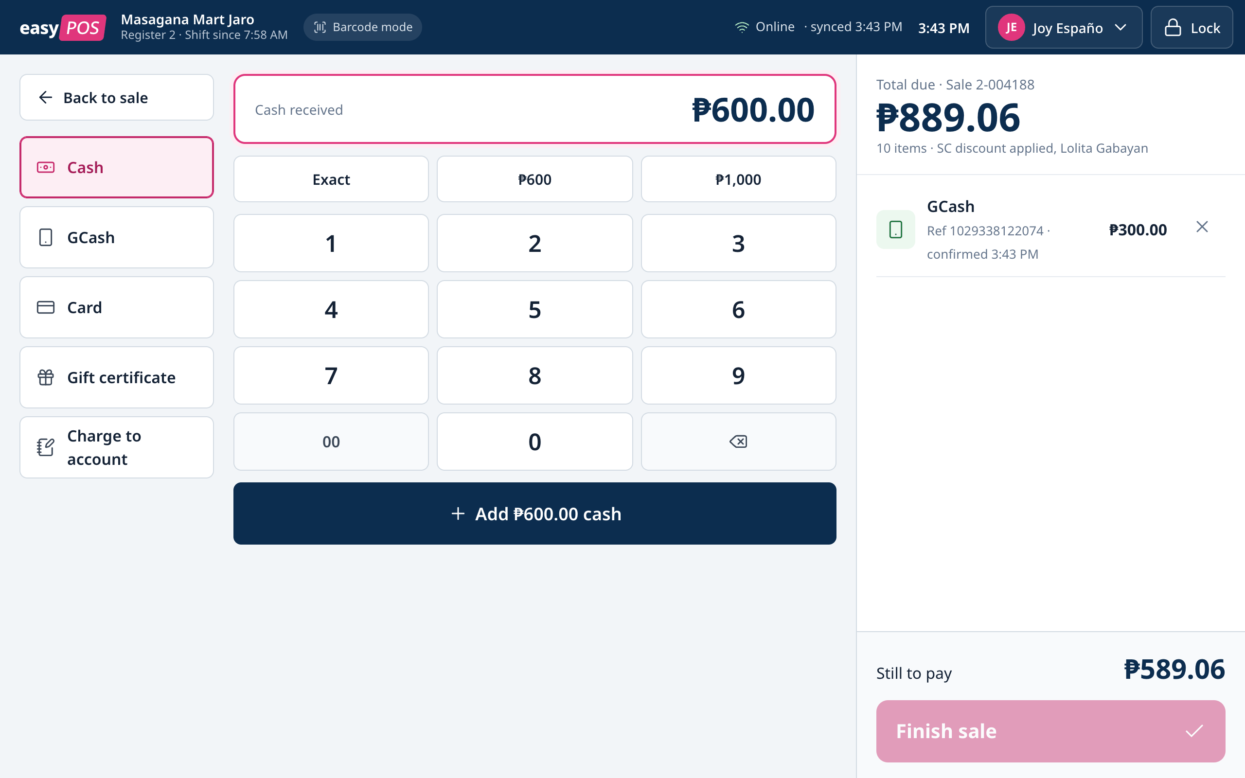 The Pay screen: tender types on the left, a cash amount of ₱600.00 with quick keys and a number pad, and on the right the total due of ₱889.06 with a ₱300.00 GCash payment already added and ₱589.06 still to pay