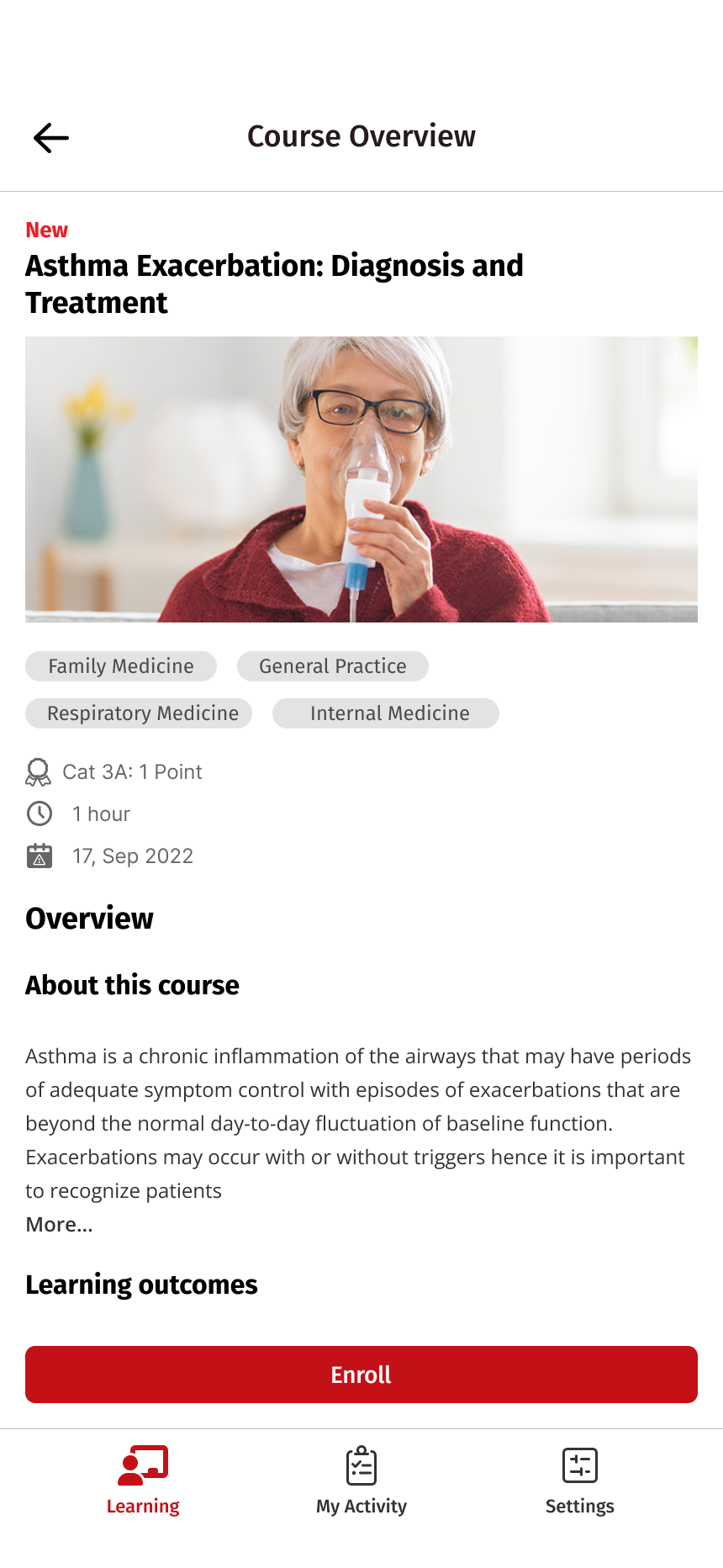 Course overview screen for Asthma Exacerbation: Diagnosis and Treatment with specialty tags, CPD points, overview text and an Enroll button