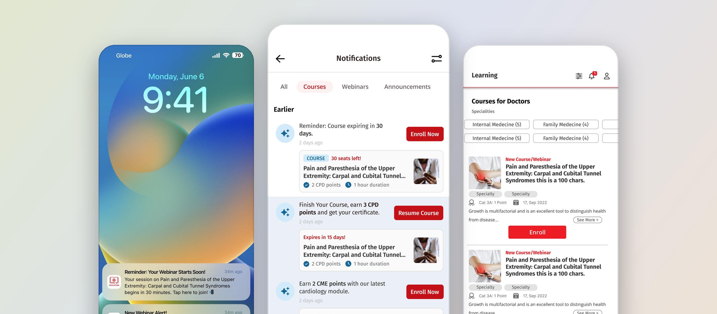 Three phone screens from the MIMS Education app: a push notification on the lock screen, the in-app notification center and the Learning tab with a notification bell