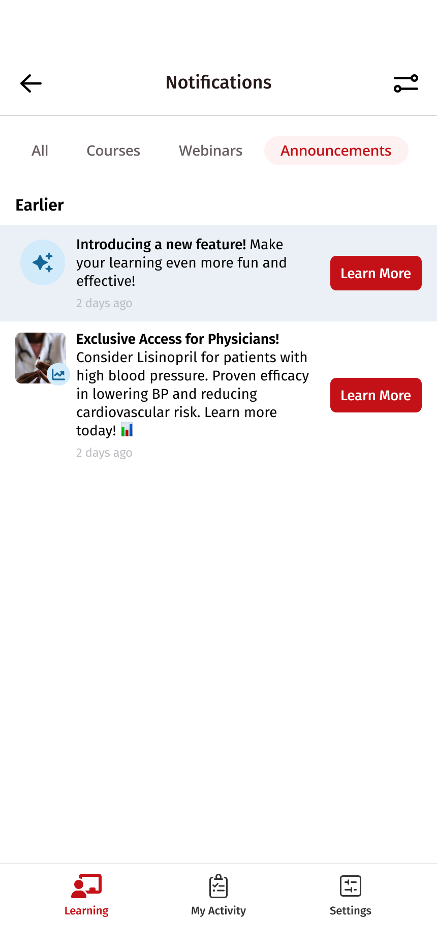 Notification center on the Announcements tab with Learn More actions for a new feature and a physician announcement