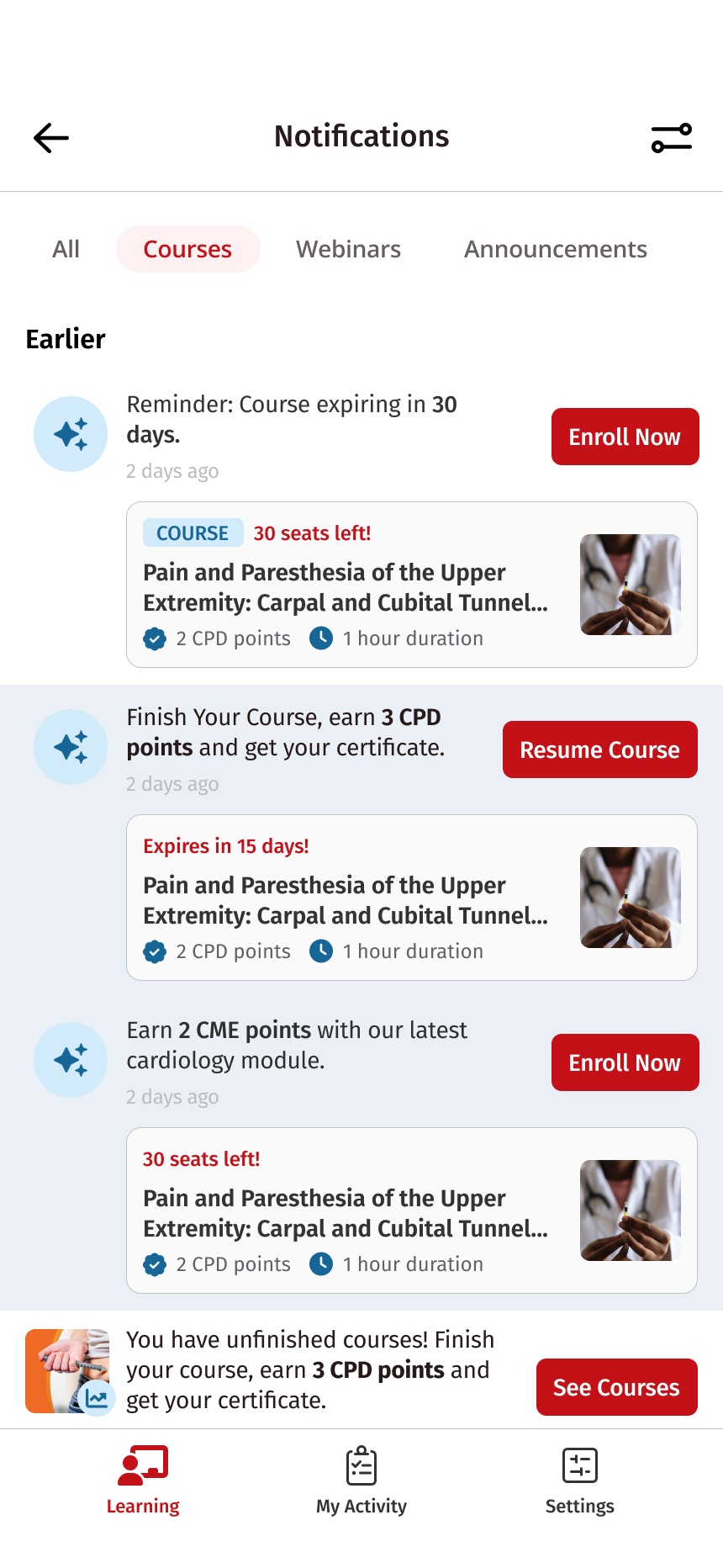 The in-app notification center on the Courses tab, listing reminders such as course expiring, finish your course, and new cardiology module, each with an action button