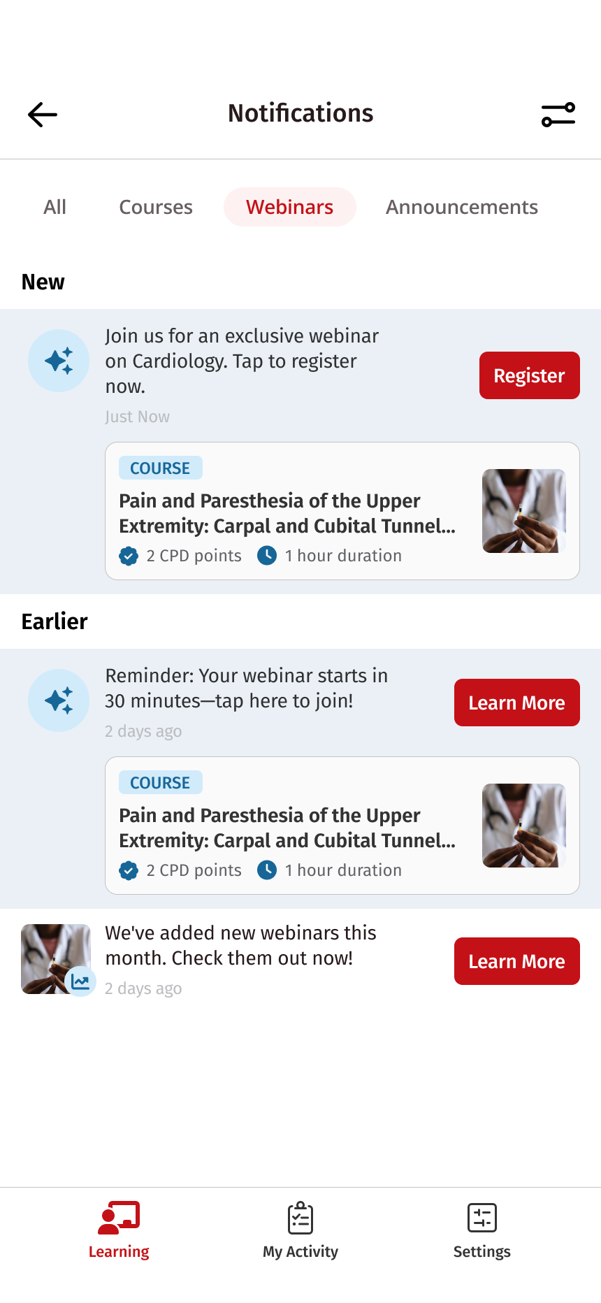 Notification center on the Webinars tab with a Register action for an exclusive cardiology webinar and a reminder that a webinar starts in 30 minutes