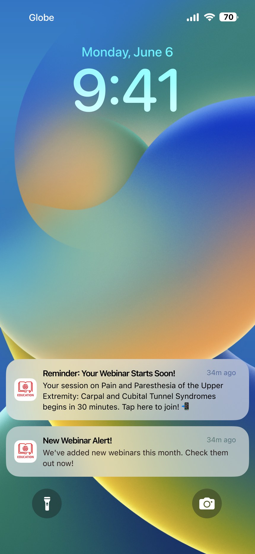 iPhone lock screen showing two push notifications from the MIMS Education app: a webinar reminder and a new webinar alert