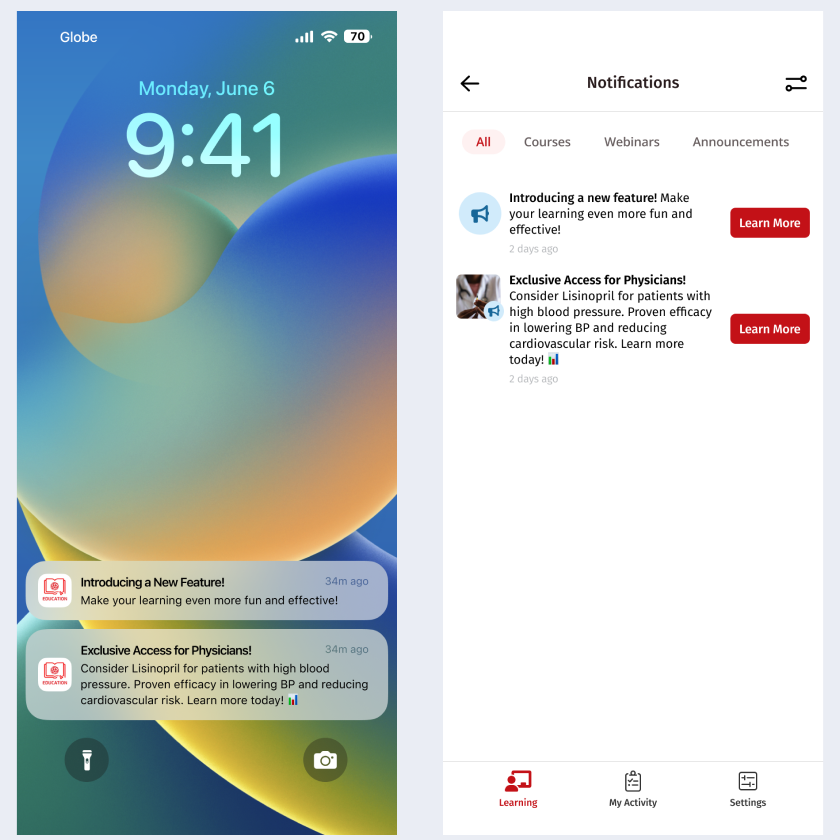 Push notifications for a new feature and an exclusive physician announcement, with the in-app list
