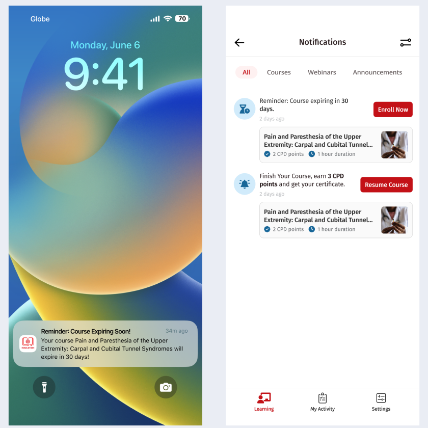 A course expiring push notification and the in-app list with Enroll Now and Resume Course actions