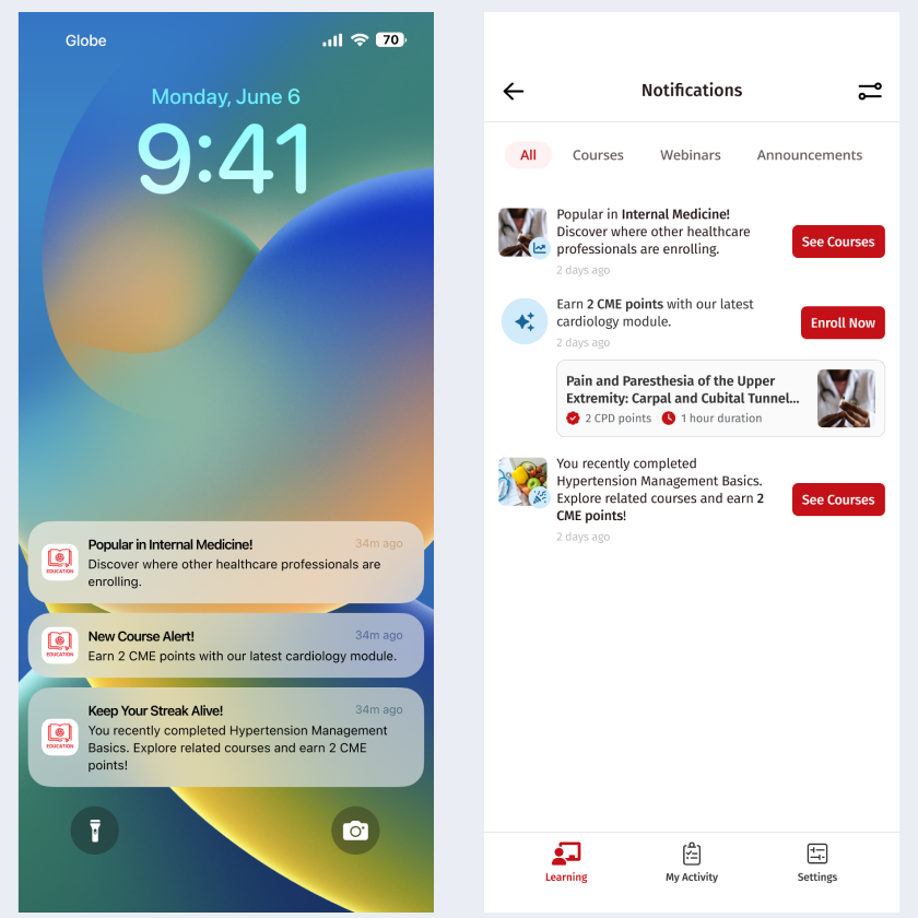 Push notifications for popular courses, a new course and a streak reminder, with the in-app list