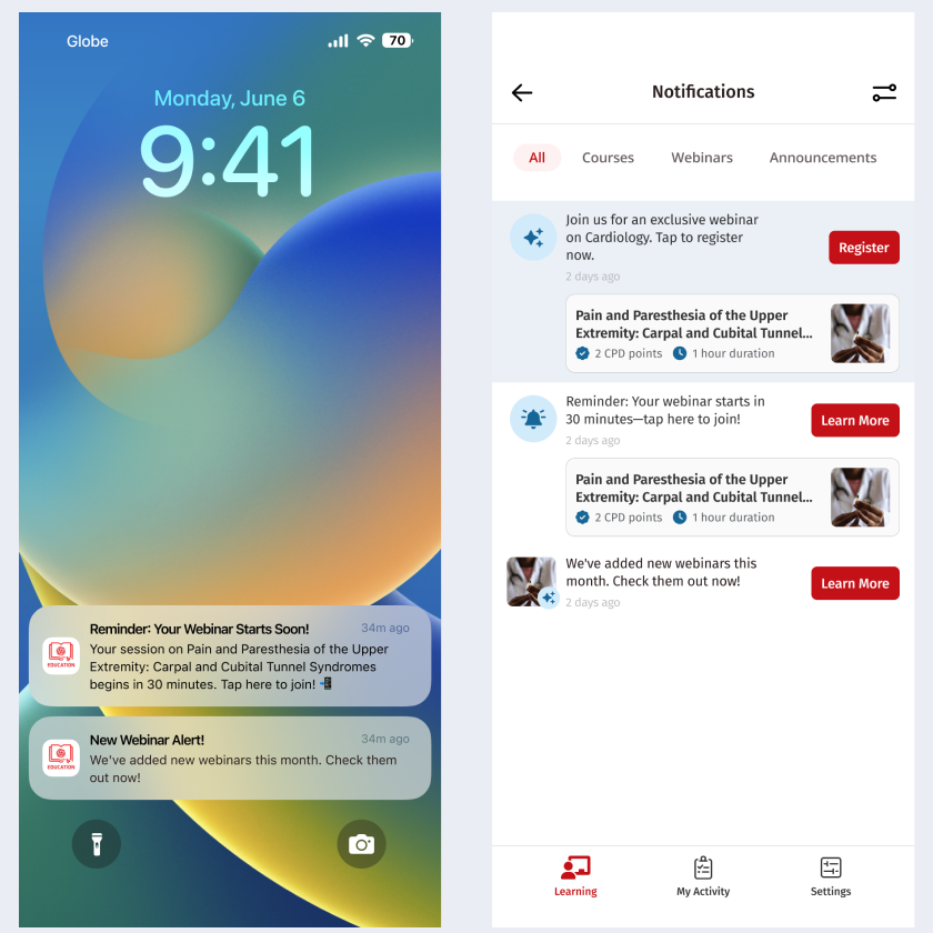 A push notification and the matching in-app list for webinar reminders