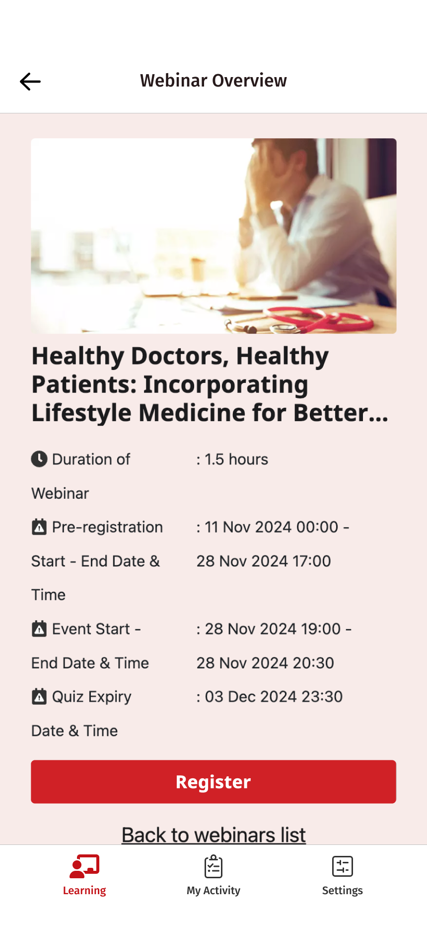 Webinar overview screen with duration, pre-registration dates, a Register button and a Back to webinars list link