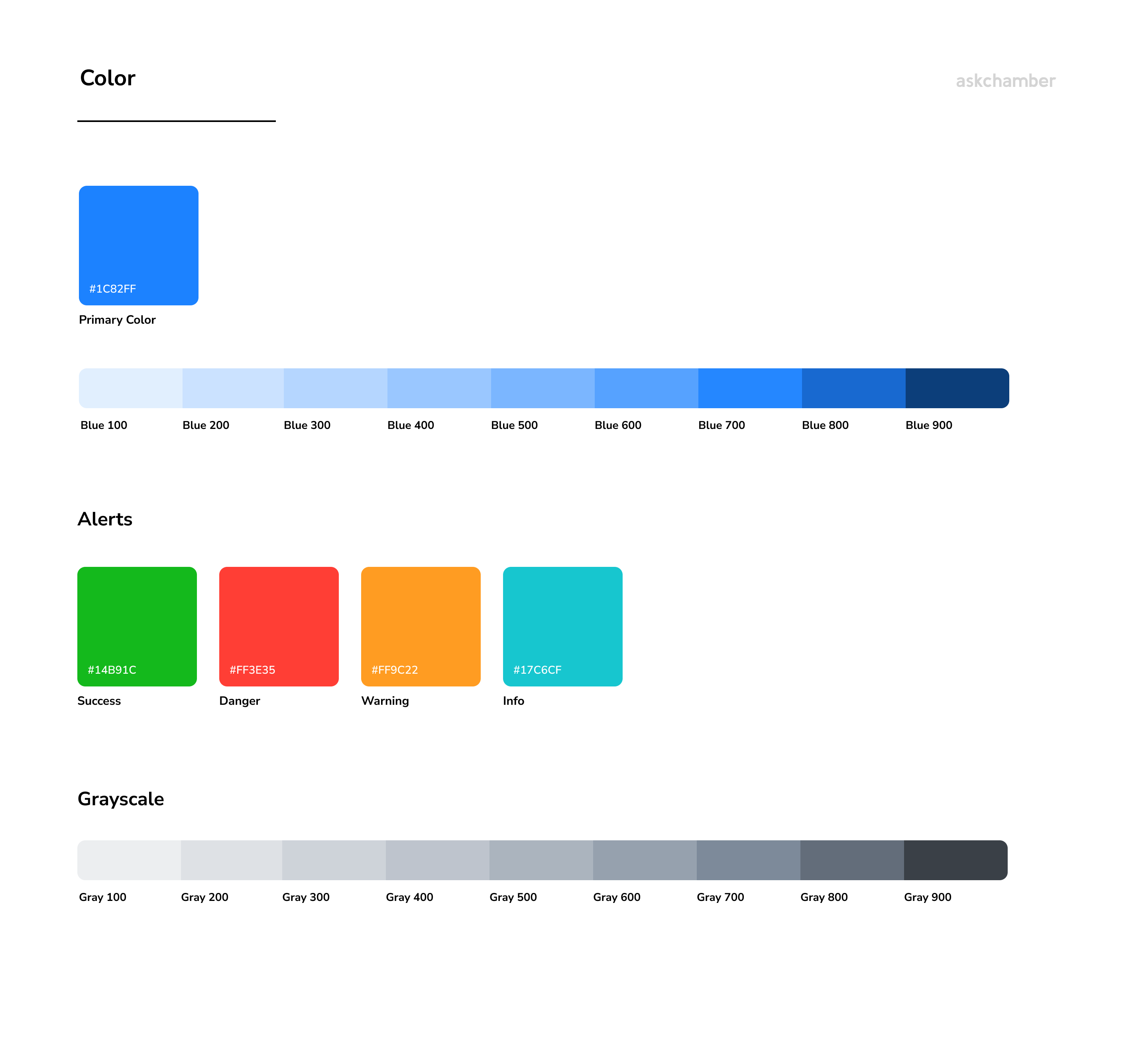 Colour page: the primary blue with its hex value, a nine-step blue scale, four alert colours for success, danger, warning and info, and a nine-step grayscale