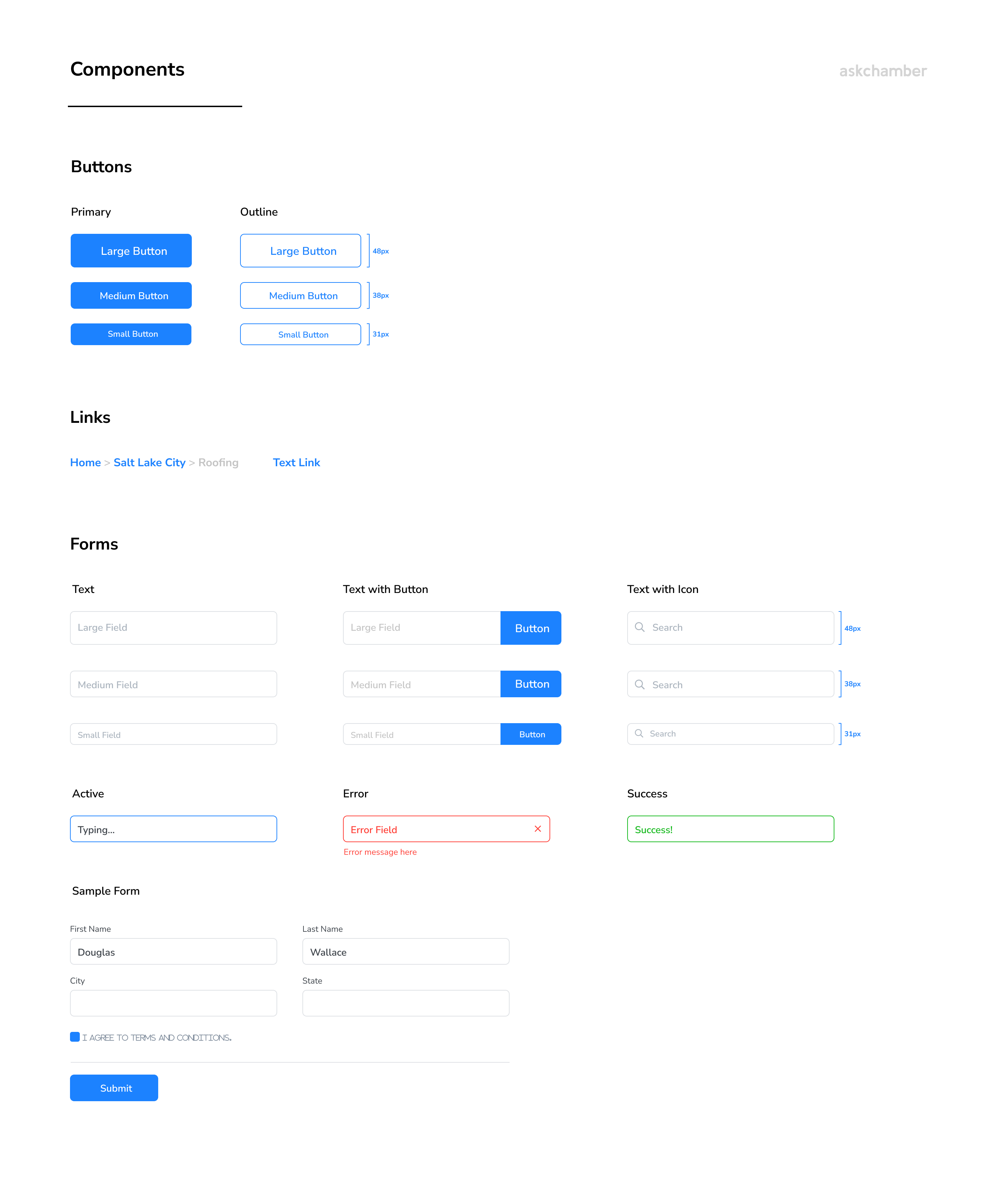 Components page: primary and outline buttons in three sizes, breadcrumb and text links, text fields in three sizes with button and icon variants, active, error and success fields, and a sample form