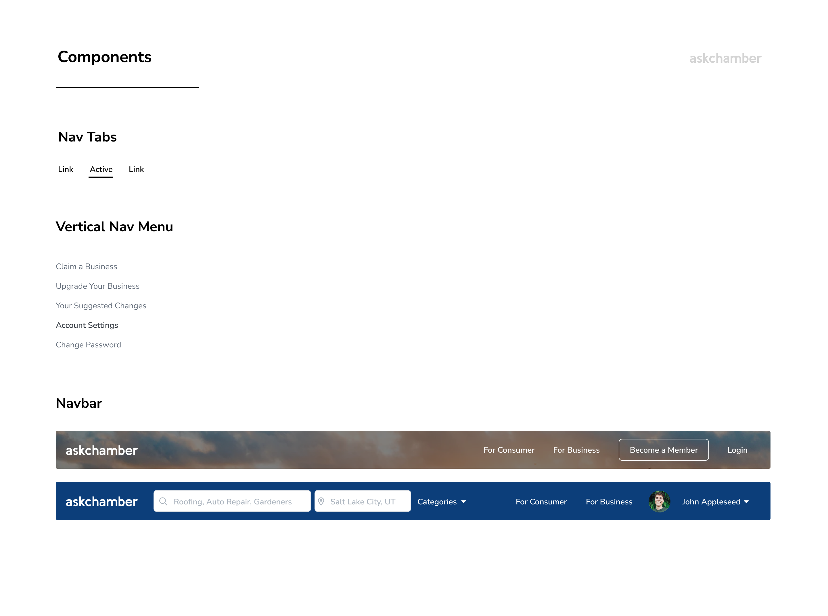 Navigation page: nav tabs with an active state, a vertical account menu, a transparent navbar over a photo, and a navy navbar with search, location, categories and a user menu