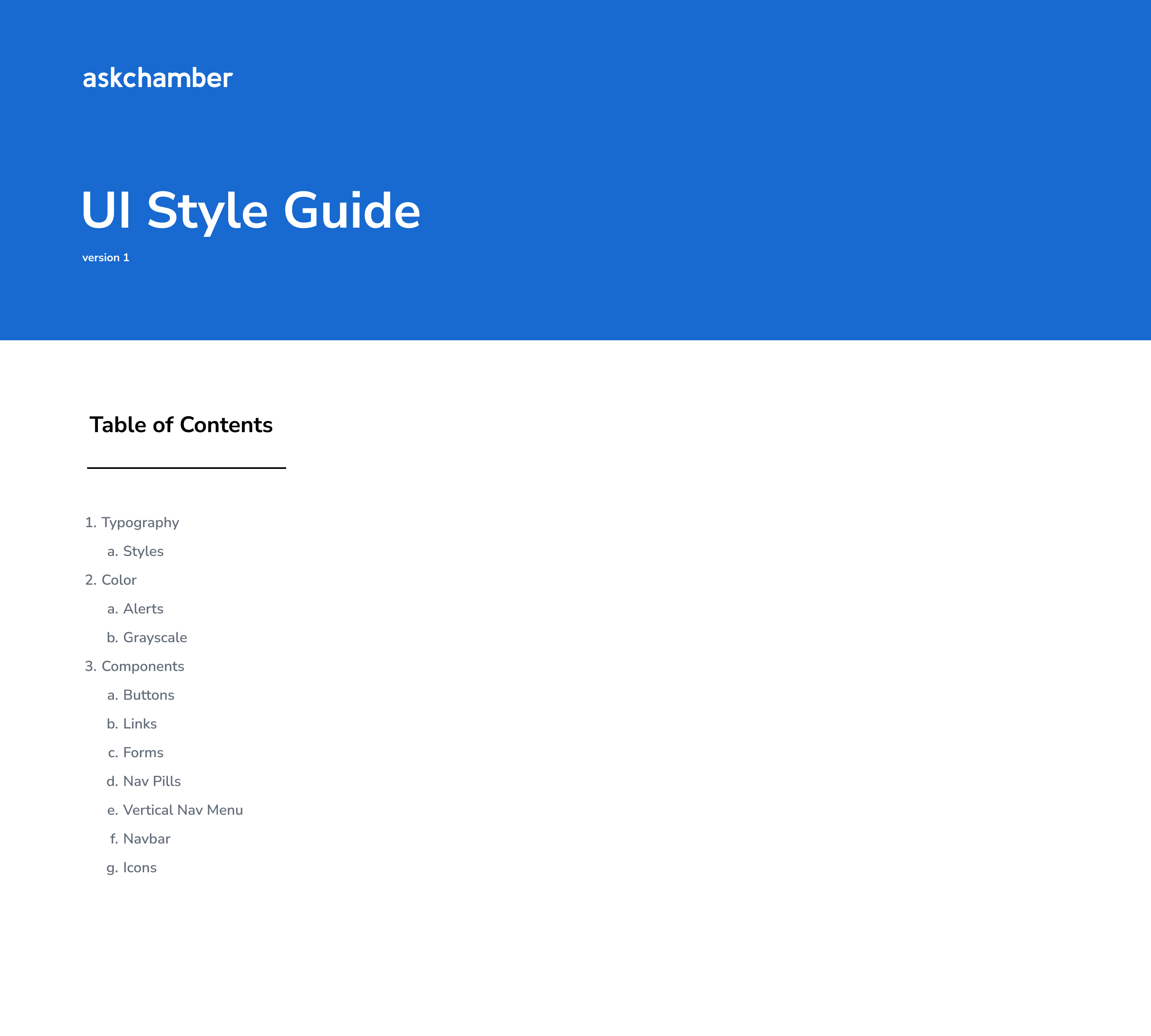 The style guide cover with the product name and the title UI Style Guide, version 1, above a table of contents covering typography, color and components